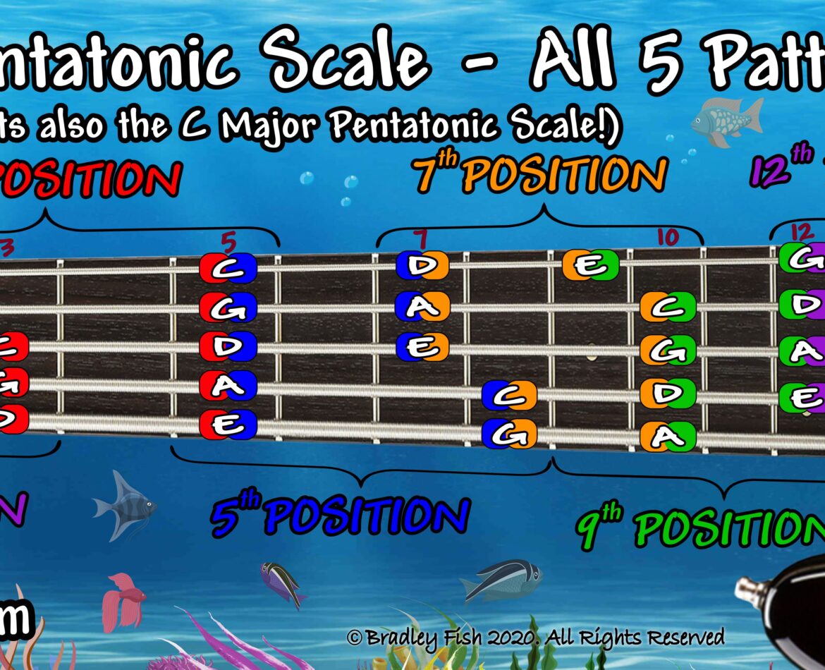 All 5 of the 5-string Bass A Minor Pentatonic Scale Patterns. Its also the C Major Pentatonic scale! FULL Color