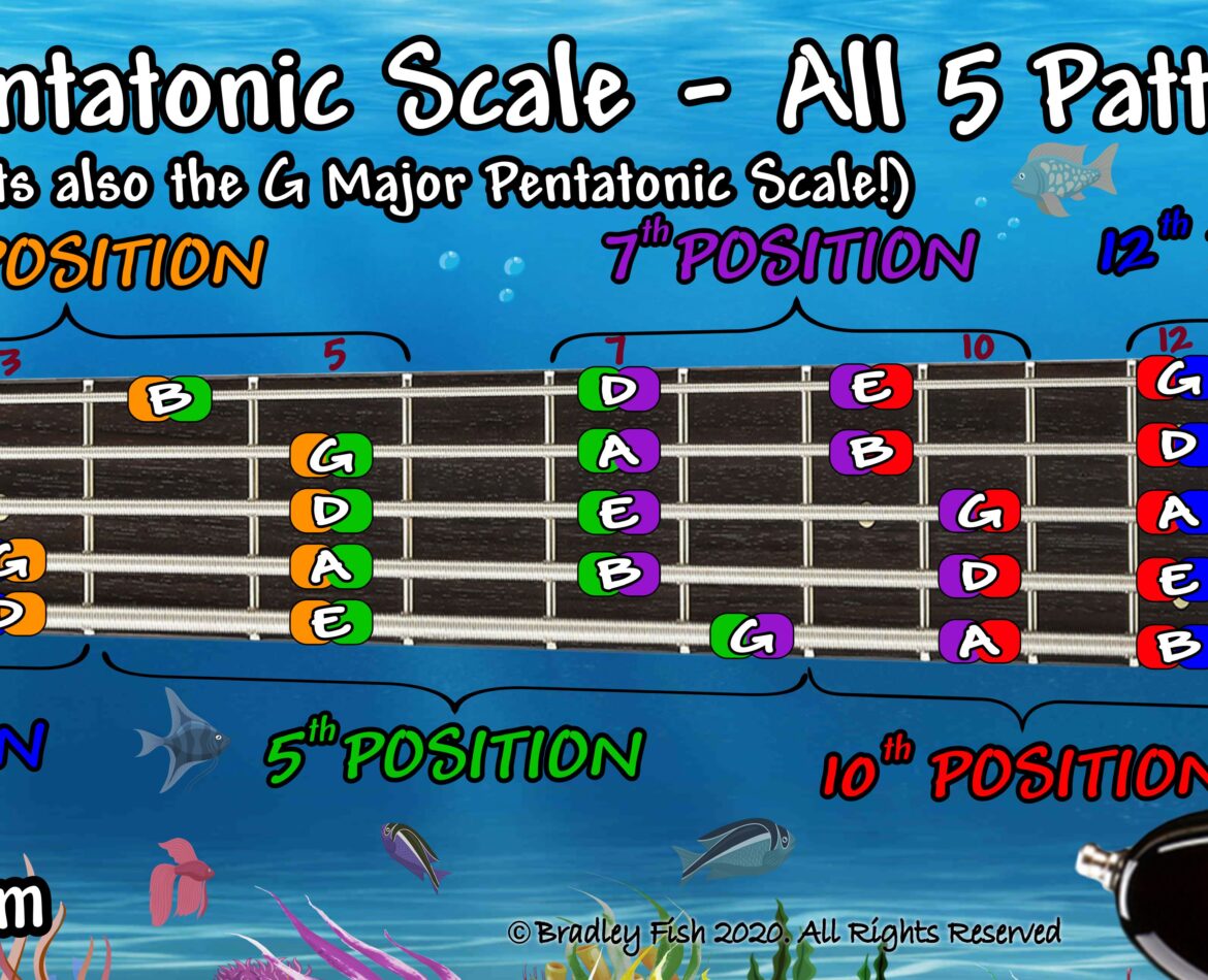 All the E Minor Pentatonic Scale Patterns on 5-String Bass. Its also G Major Pentatonic!